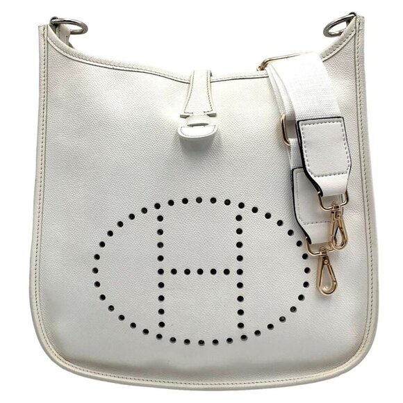 Authentic HERMES Evelyn PM Taurillon White Ivory Clemence Leather Shoulder Bag